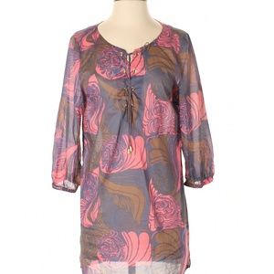 TIBI Floral Tie Neck 3/4 Sleeve Tunic S